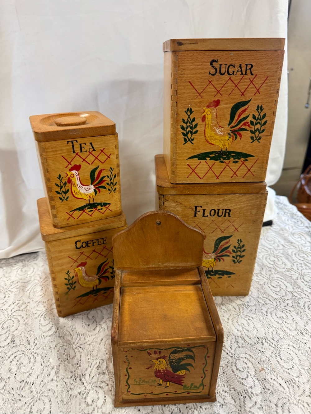 Hand-Painted Wooden Kitchen Canister Set - Yellow Rooster Design
